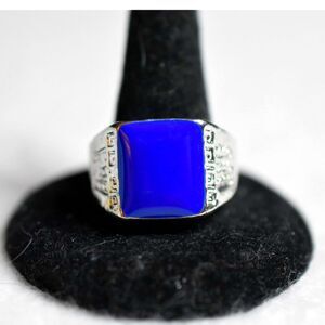 New Alluring Royal Blue Smooth Glass Square Stone Silver Tone Size 11 Ring